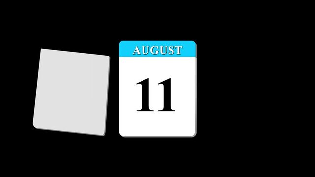 August calendar page turning animation from 1st to 31st on black background, monthly date flip countdown, schedule planning deadline countdown and date change transition, time passing concept,