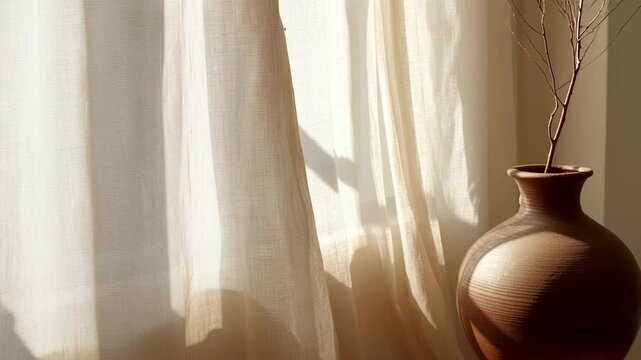 Room with white curtains swaying in gentle wind concept. Soft light filters through sheer fabric, enhancing a peaceful atmosphere.