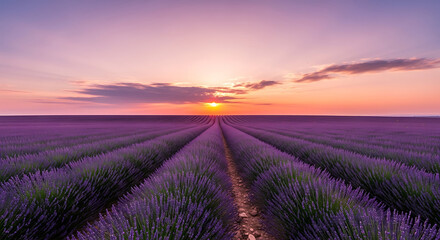 Obraz premium Serene lavender field bathed in the warm glow of a breathtaking sunset.
