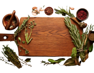Wooden Kitchen Cutting Board With Fresh Herbs