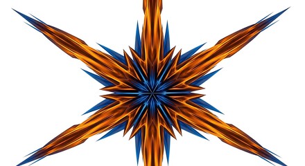 Geometric kaleidoscopic pattern with symmetrical shapes in orange and blue hues on white backdrop