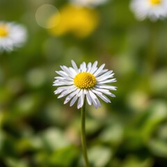 Obraz premium Close-up of a vibrant white daisy with a yellow center blooming in a lush green field on a sunny day.