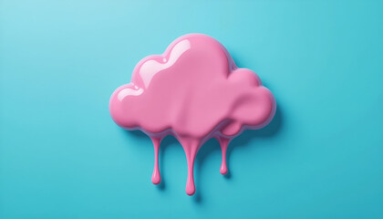 Pink Glossy Cloud Dripping Down on Blue Background Minimal Top View Concept