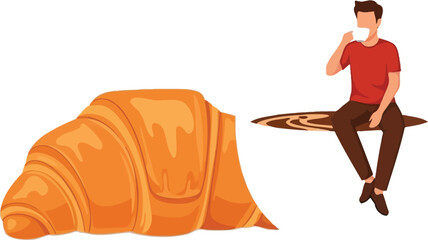 A man enjoying coffee and a croissant in a whimsical illustration on transparent background