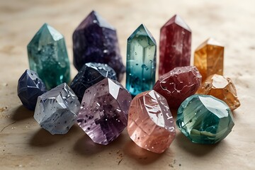 crystal quartz, gemstone, rainbow, minerals, watercolor painting, abstract, vibrant colors, natural formations, magical, mystical
