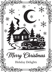 Fototapeta premium Black and white vector illustration of snowy house and gift truck with holly wreath and festive greeting