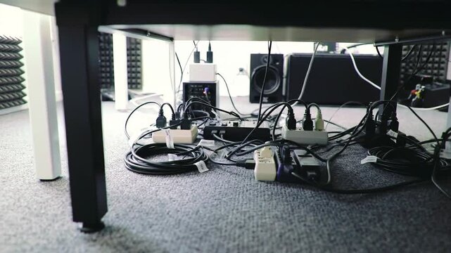 Tangled power cords, electric cables and messy plugs under desk with power strip. Network connections.
