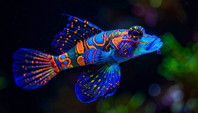 Mandarinfish with electric blue, orange, and green patterns in dark underwater setting