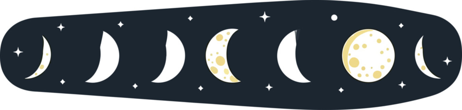 Illustration of the lunar phases displayed on a dark oval shape on transparent background