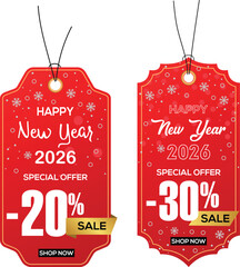 Two festive red holiday sale tags advertising twenty percent and thirty percent discounts for the new year 2026.
