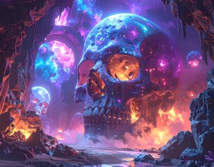 Cosmic skull in a cave with ethereal nebulae and glowing rocks