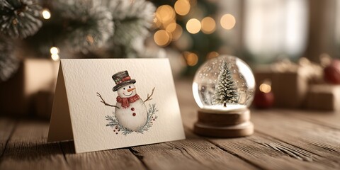 mockup of a blank vertical kraft paper card leaning against a vintage-style water globe featuring a jolly smiling snowman