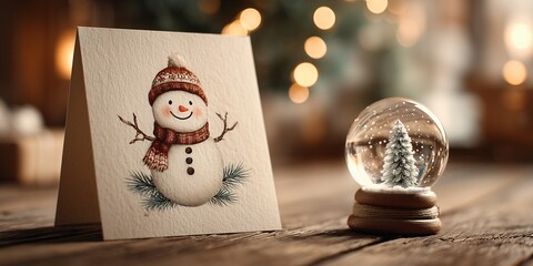 mockup of a blank vertical kraft paper card leaning against a vintage-style water globe featuring a jolly smiling snowman