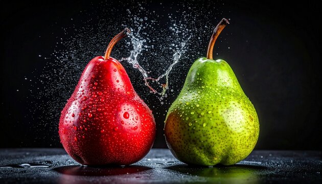 Red and green pears splashing into water against black background - Powered by Adobe