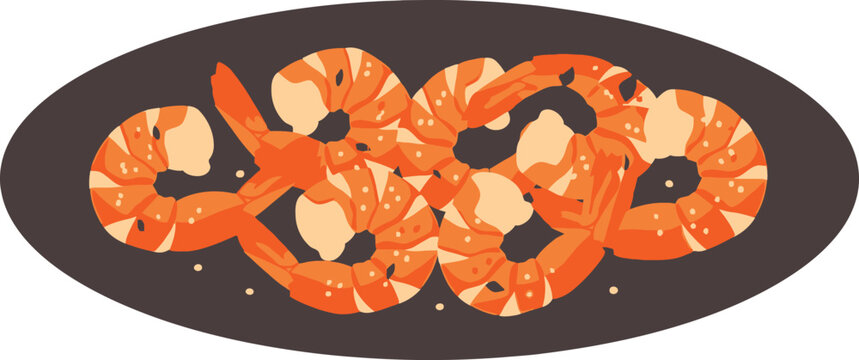 A vibrant illustration of cooked shrimp arranged on a dark platter on transparent background