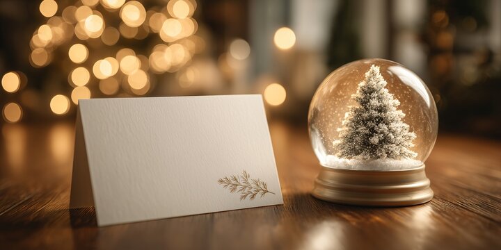 mockup of a blank crystal snow globe illuminates a miniature Christmas tree inside. The scene is enveloped in a soft warm golden glow - Powered by Adobe