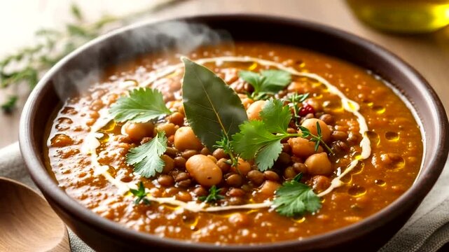 Delicious lentil soup garnished with herbs and spices