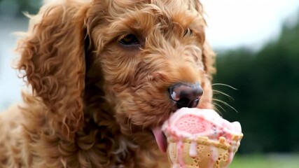 Adorable brown Goldendoodle dog enjoying a sweet pink ice cream cone treat outdoors.