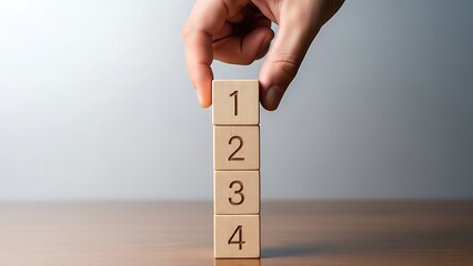 Human hand stacking numbered wooden blocks creating a sequence, representing steps or progression