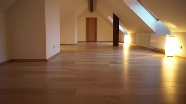 Spacious attic interior design with wooden floor, beams and natural light. Large empty room offers potential. Modern design.