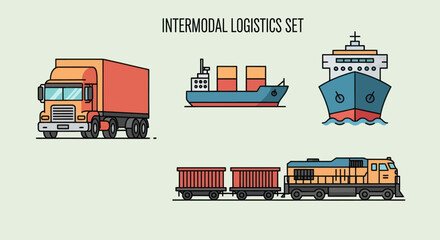 Intermodal Logistics Set: Truck Cargo Ship and Train Illustration. © Jambu