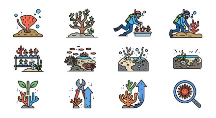 Colorful Coral Reef Conservation and Restoration Icons Set. © Jambu