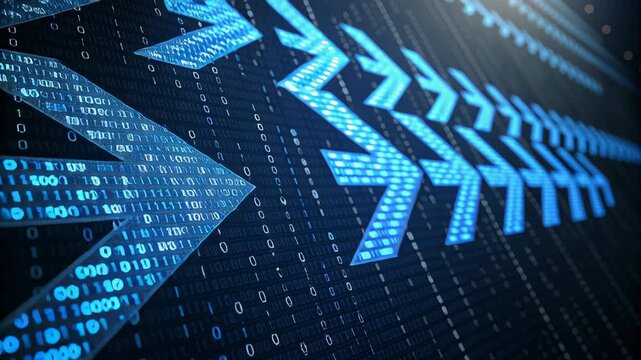 Abstract background with glowing blue arrows concept. The design features binary code elements enhancing a sense of speed and technology.