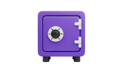 A 3D rendered purple safe with a combination lock and black feet on a transparent background symbolizing security and wealth storage