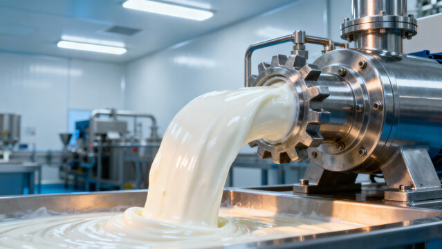 Precision machinery in a dairy factory pouring fresh milk into a stainless steel tank