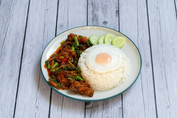 Thai Food Stir-Fried Chicken Spicy and Basil served with Rice