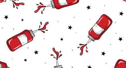 A fun and dynamic seamless pattern of ketchup bottles squirting sauce with black stars on a white background for a playful food design.