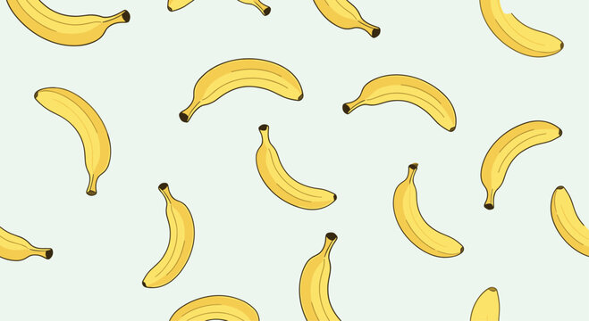 A fun and healthy seamless pattern of ripe yellow bananas scattered on a light blue-green background, perfect for tropical and food-themed designs.