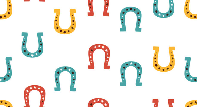 A playful and colorful seamless pattern featuring lucky horseshoes decorated with stars on a simple and clean white background.