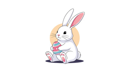 Fototapeta premium Adorable cartoon illustration of a cute white Easter bunny with pink ears sitting down and holding a decorated pink and blue egg.