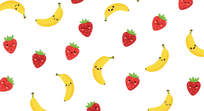 Sweet and cheerful seamless pattern with cute kawaii-style cartoon strawberry and banana characters with happy smiling faces on white.