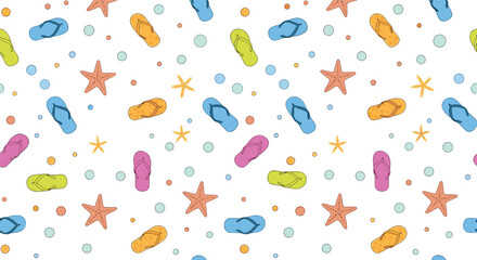 A cheerful seamless summer pattern with colorful flip-flops, starfish, and polka dots on a white background for a fun and happy beach vibe.