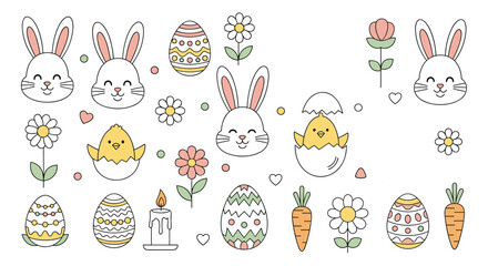 A cute and colorful collection of Easter-themed line art icons including bunnies, chicks, decorated eggs, carrots, flowers, and a candle.