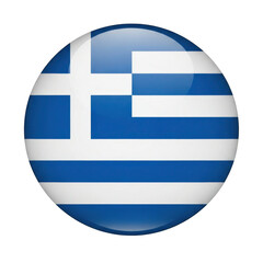 Glossy circular greek flag emblem with blue and white stripes and cross isolated on transparent background