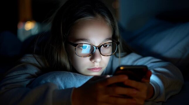 A youngster in puberty period actively chatting with her friend at night. Always online. Addicted to social media