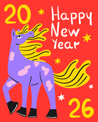 Colorful Chinese New Year of the horse 2026 greeting card. Hand drawn bright poster. Doodle style flat vector illustration.