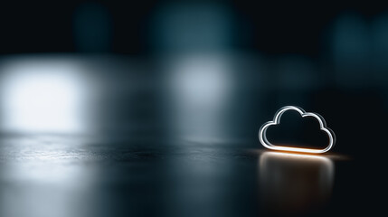 A luminous cloud icon rests on a reflective surface, an evocative image symbolizing the digital age and connectivity. 
