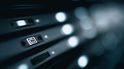 Fototapeta premium A close-up view of a data server, symbolizing the backbone of technology, glows with intricate digital details, representing the heart of modern data management and innovation.