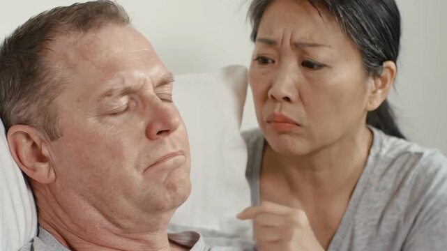 Asian woman concerned about sick Caucasian man lying in bed with fever, illness.
