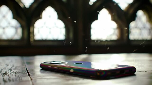 Mobile phone on wooden surface with window in background, technology concept. Focus on wooden surface, window blurred.