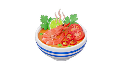 A Delicious Bowl of Spicy Tom Yum Soup with Shrimp Lime Tomatoes and Cilantro on a Transparent Background