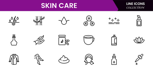 Skin care line icons set. Moisture cream, acid, anti wrinkle serum, creamed, collagen. Pixel perfect, minimalistic web and UI icon.