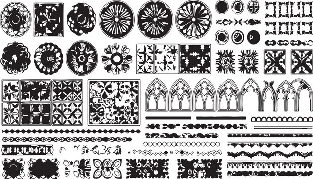 Set of Black Vintage Gothic Decorative Ornaments, Borders, and Design Elements. Vector Illustration. isolated PNG with Transparent Background