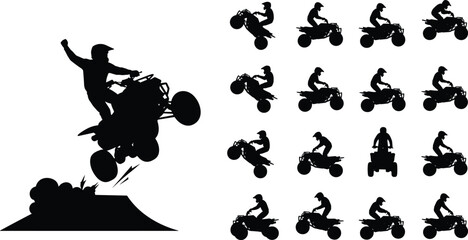 A powerful black silhouette of an ATV rider performing an exhilarating quad bike jump off a ramp, symbolizing adrenaline, extreme action, and off-road thrills. © Shahariar's World
