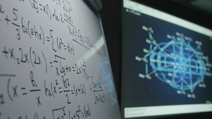 Mathematical formulas, equations and abstract diagrams on monitor and whiteboard, knowledge and research background concept. - Powered by Adobe