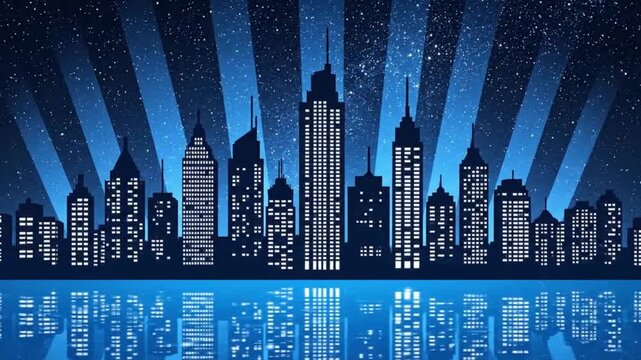 A vibrant blue city skyline illuminated by dazzling fireworks and reflections